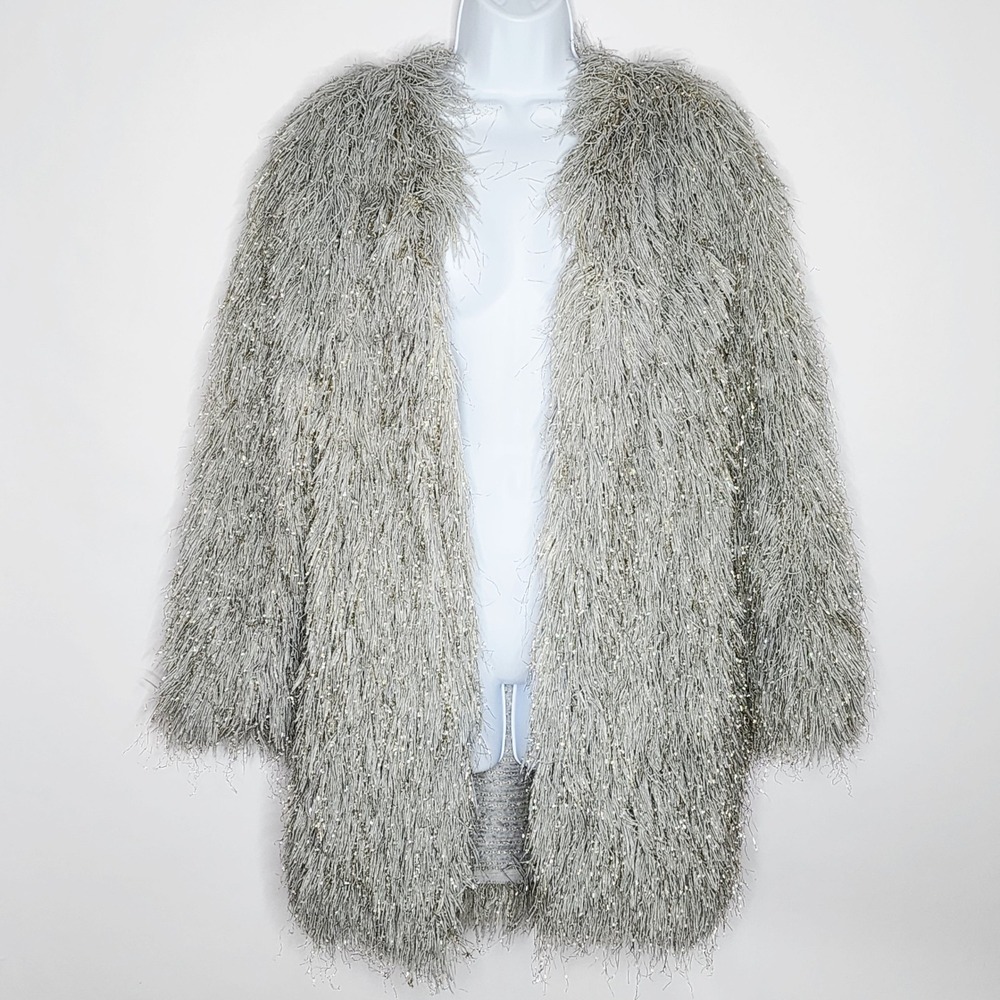Vintage Panda Made in France Shaggy Knit Jacket Silver Grey Gold Metallic M